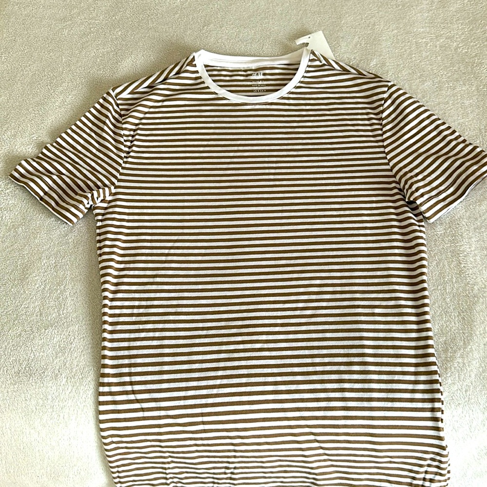 H&M Men’s Small Brown and White Striped Slimfit T-Shirt